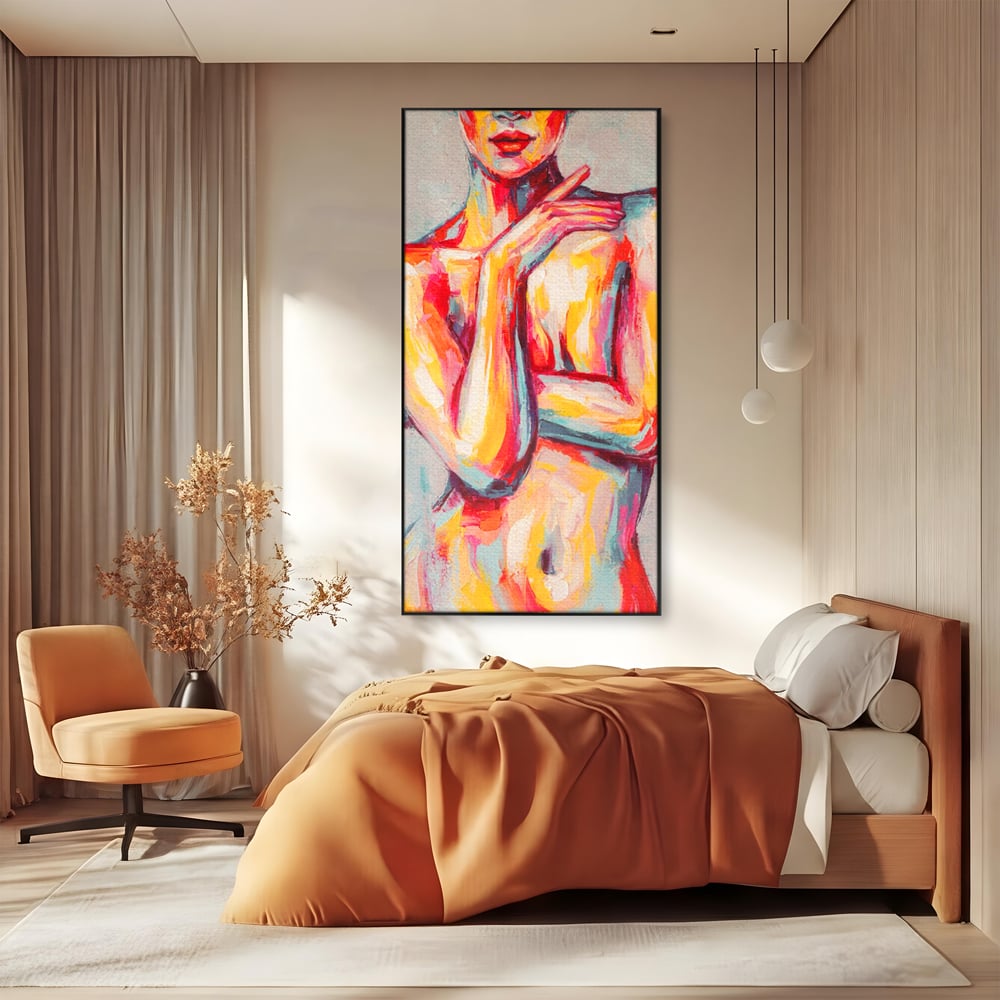 Tablou canvas cu tablou canvas cu femeie nud abstracta, in rama de aluminiu negru, pe perete intr-un dormitor